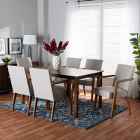 Baxton Studio BBT5267-Greyish BeigeWalnut-7PC Dining Set Baxton Studio Glenda Mid-Century Modern Greyish Beige Fabric Upholstered and Walnut Brown Finished Wood